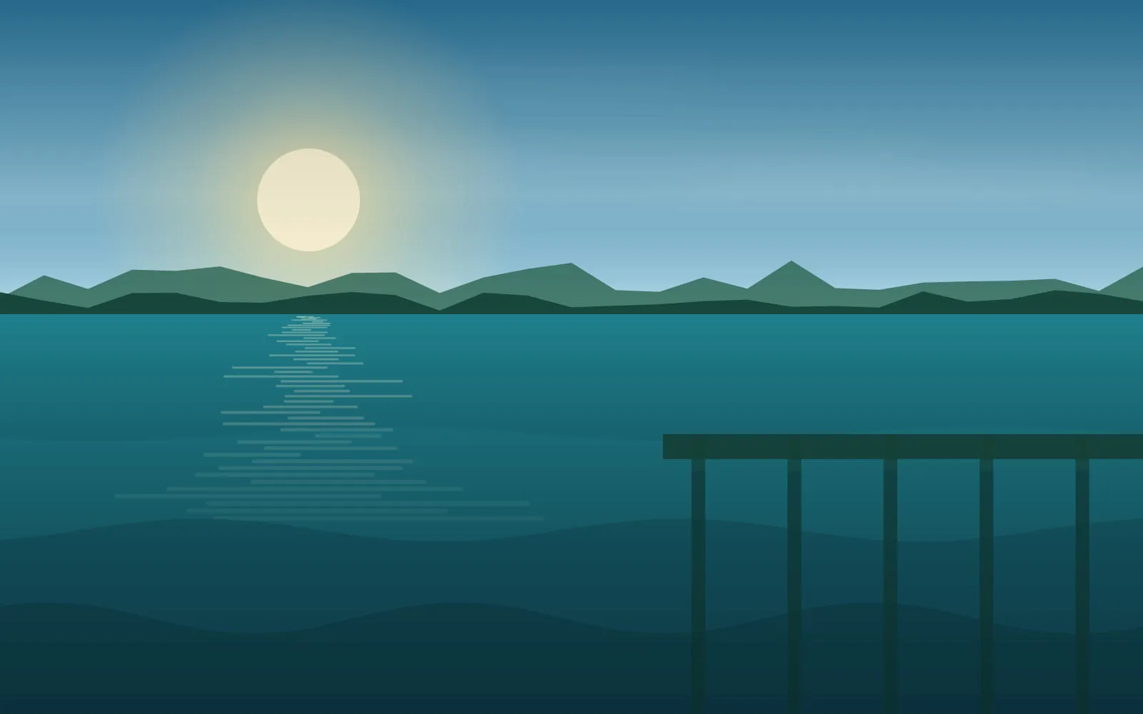 Wooden dock reaching out over clear lake water on a bright day