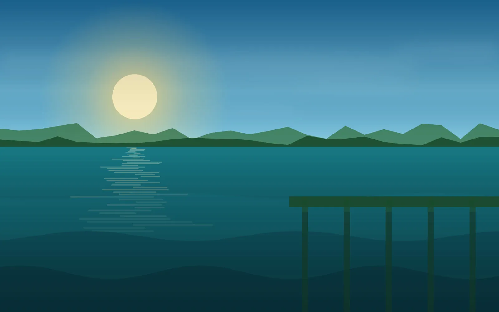 Summer afternoon over a green lake with a wooden dock extending into the water