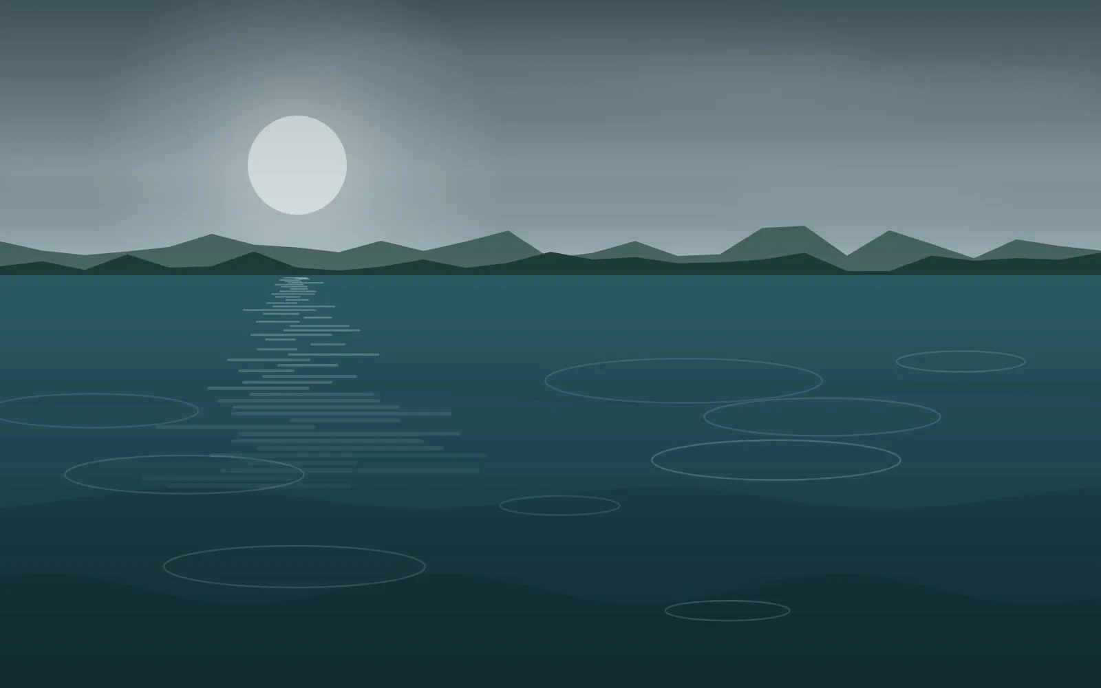 Grey overcast sky over rippled lake water with faint rings on the surface