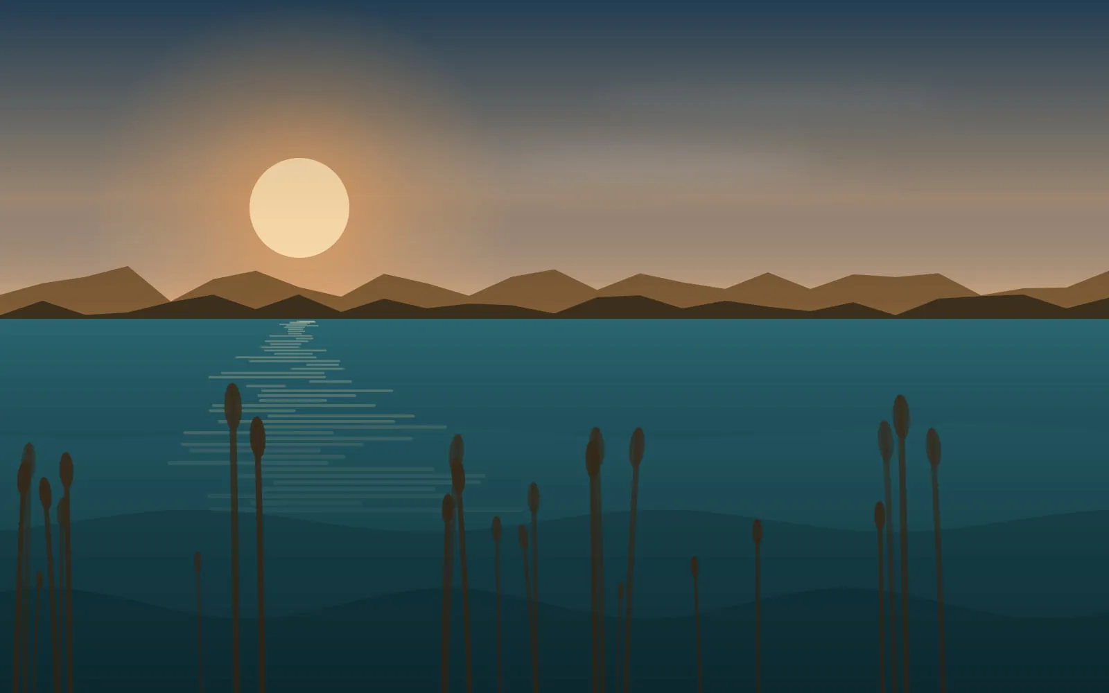 Autumn evening over a lake with reeds along the bank and warm light on the water