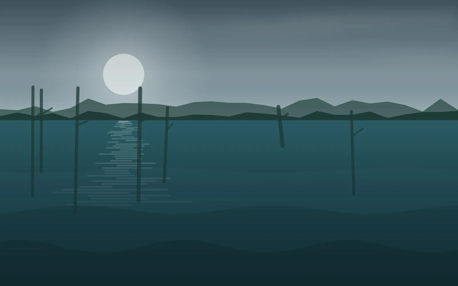 Overcast lake with standing timber breaking the surface, classic jig fishing cover