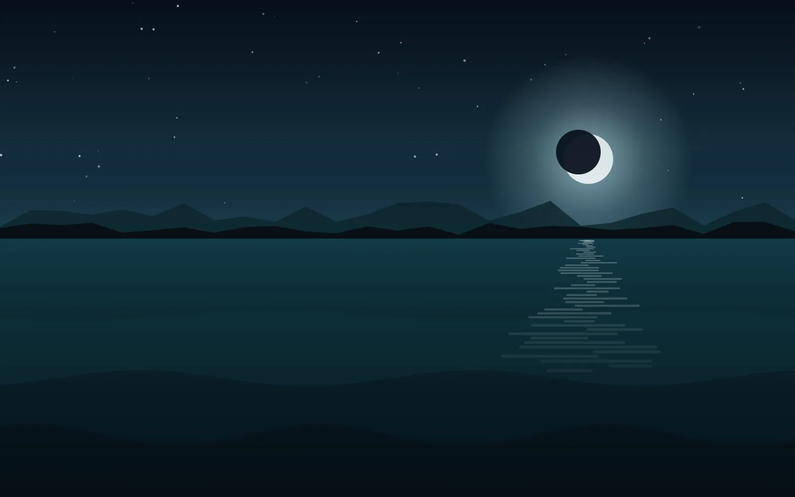 Moonlit lake at night with stars above and a bright reflection across dark water