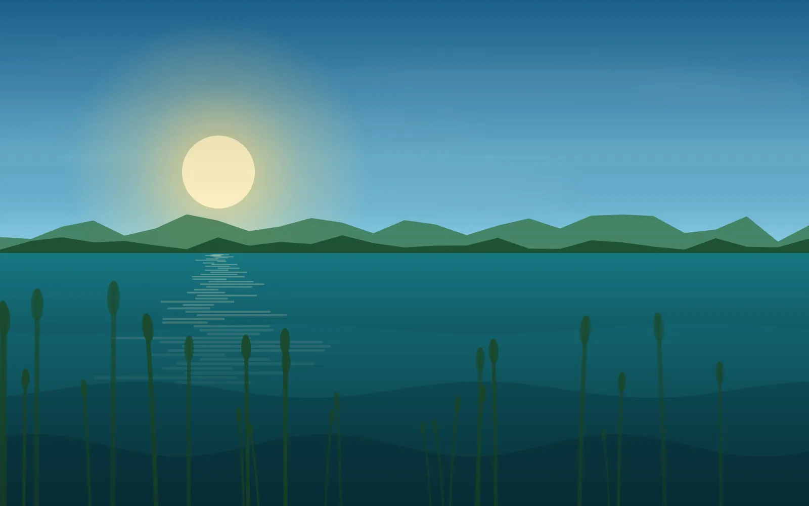Small summer pond edged with reeds and green vegetation under a bright sky