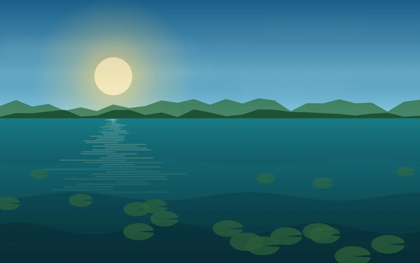 Shallow spring lake bay with lily pads and warm light across calm water