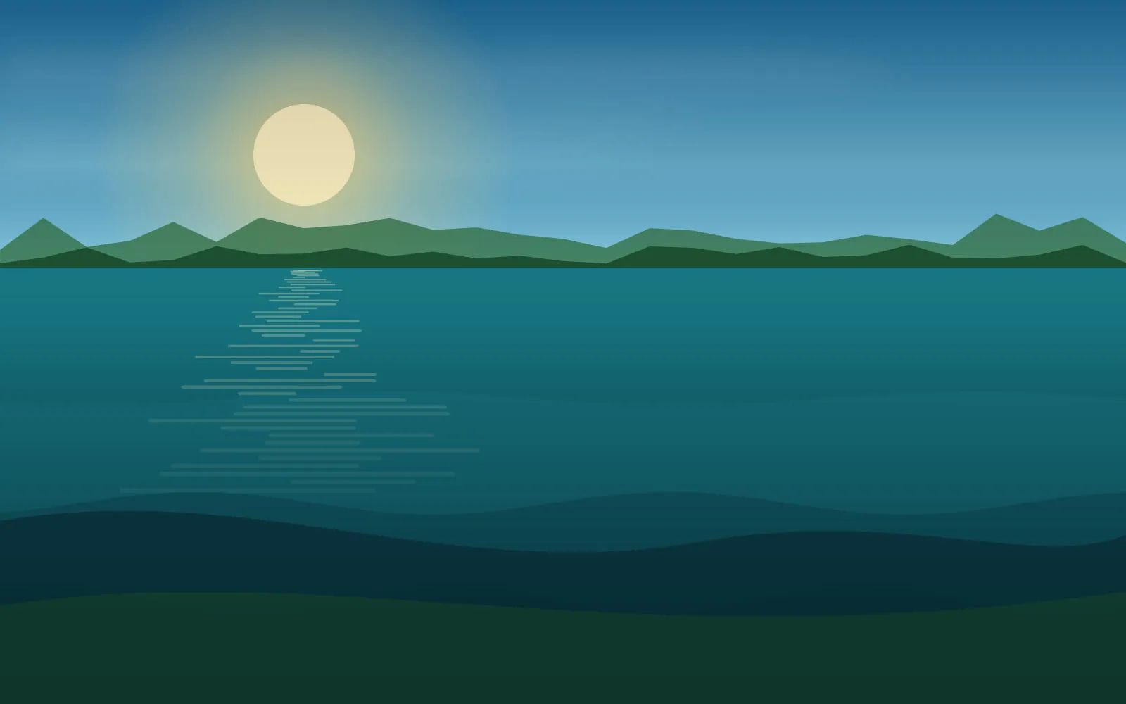 Bright summer day over deep blue lake water with a submerged ledge visible