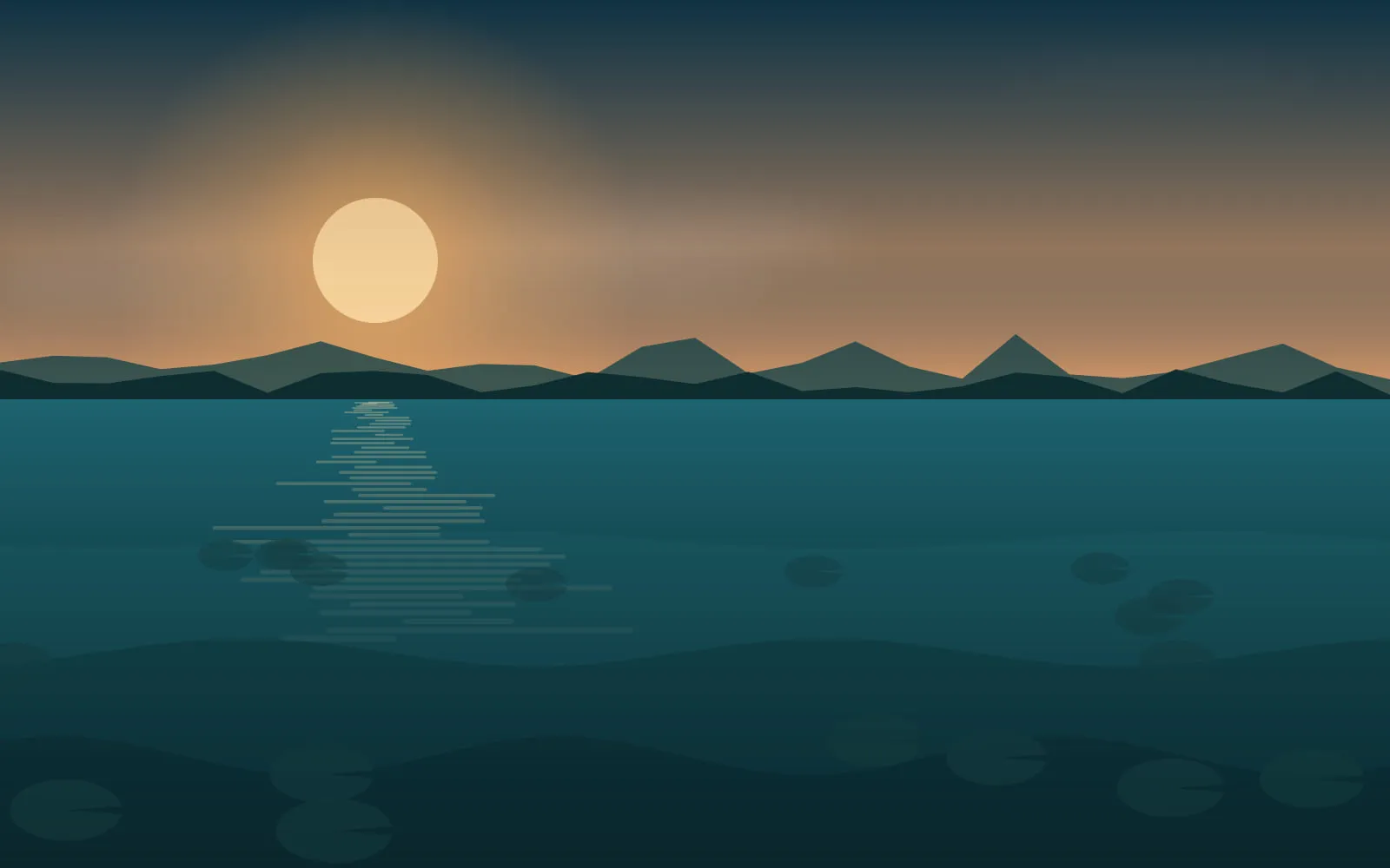 Calm lake at sunrise with lily pads scattered across the surface, typical Texas rig water